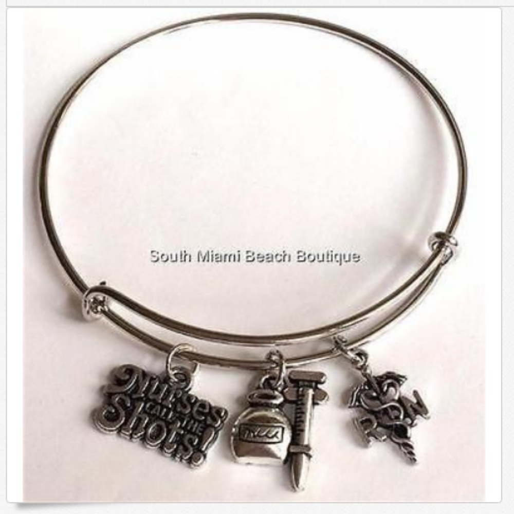 Silver RN Caduceus Nursing Wire Charm Bracelet